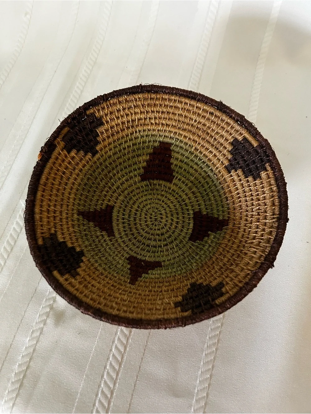 Handmade Woven Coil Basket Brown Green Geometric Home Decor Accents Catch-All
